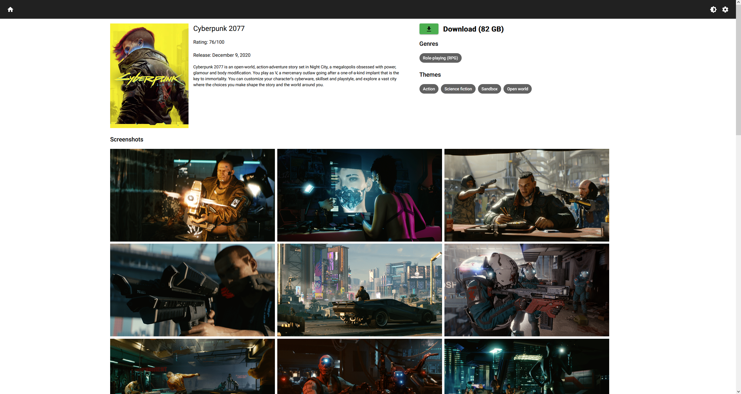 Game detail screen